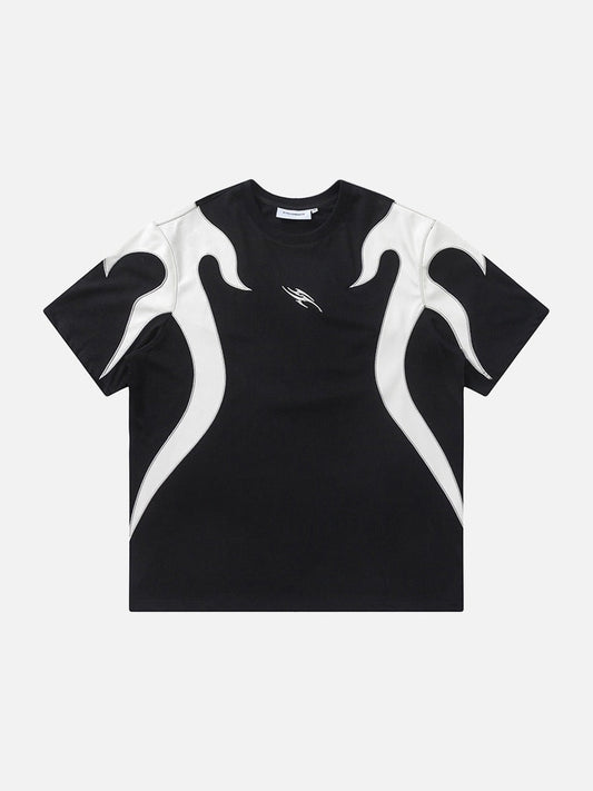 Front view of oversized black T-shirt with flame graphic print