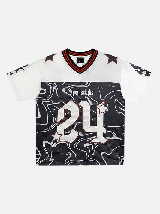 Front view of flame graphic V-neck jersey T-shirt