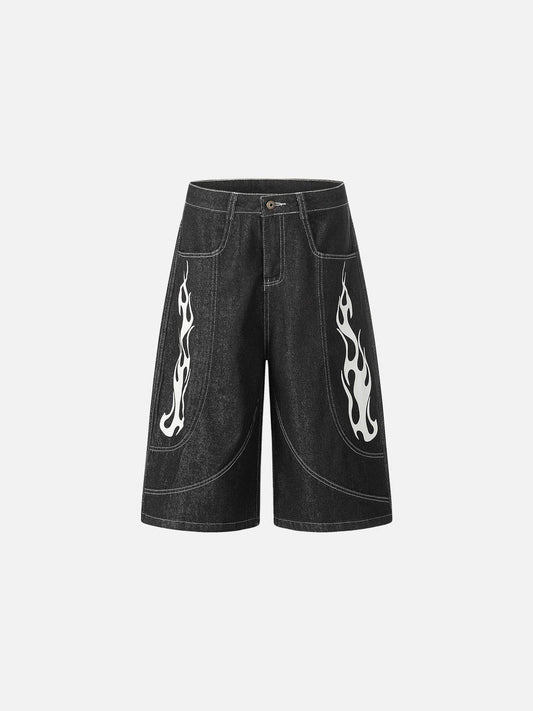 Front view of dark grey wide-leg denim shorts with flame graphic