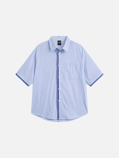 Front view of striped button-up shirt with relaxed fit
