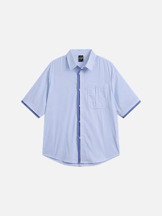 Front view of striped button-up shirt with relaxed fit