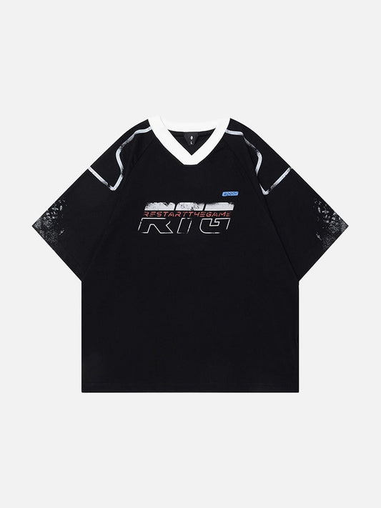 Front view of oversized graphic T-shirt with distressed slogan print