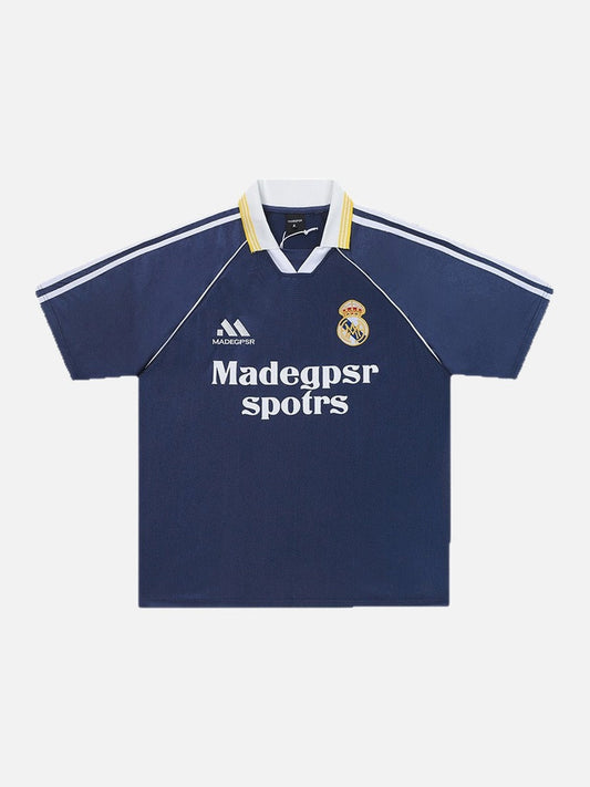 Front view of graphic jersey polo shirt with sports-inspired streetwear design