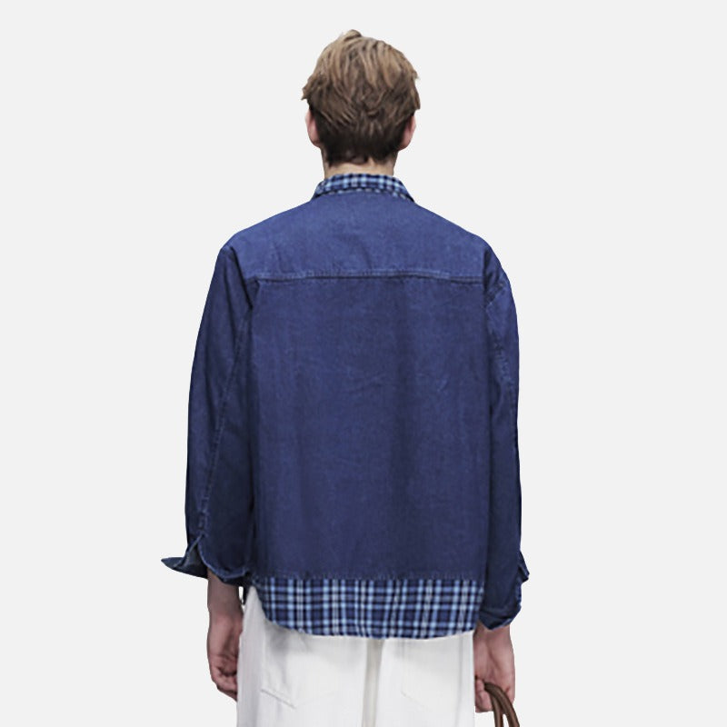 Rear model view of oversized blue plaid layered denim shirt