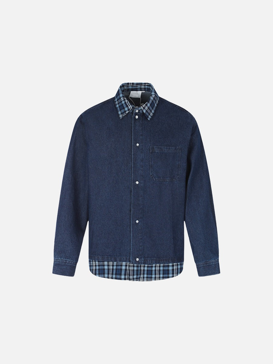Front view of oversized layered denim shirt in blue plaid