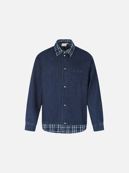 Oversized Layered Denim Shirt in Blue Plaid