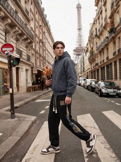 Light grey hooded bomber jacket with zip front detail