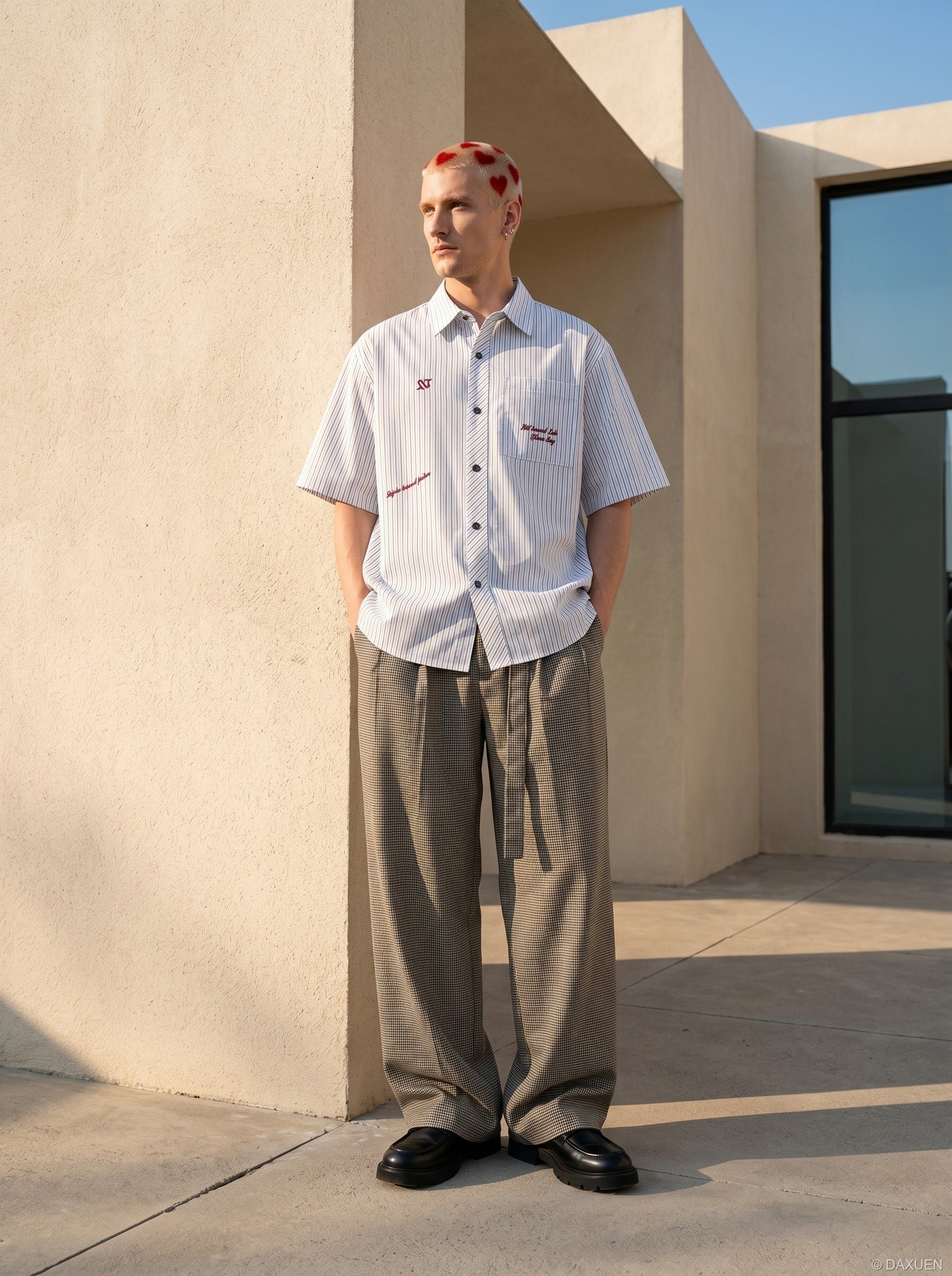 Close-up of the striped fabric and button-down front