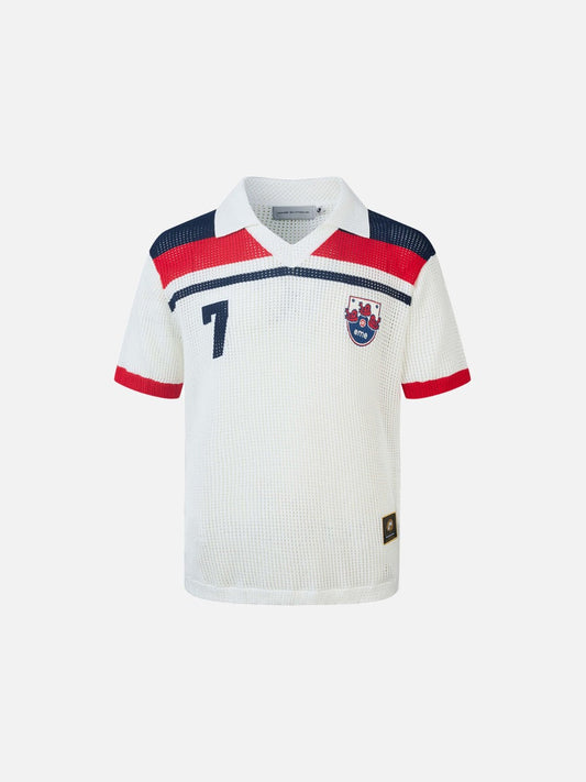 Front view of open-knit polo shirt in navy with red and white accents