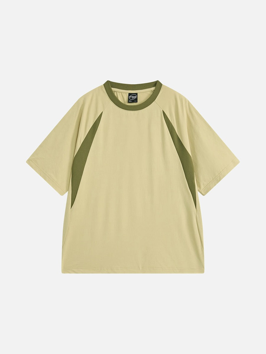 Front view of contrast raglan graphic T-shirt with short sleeves