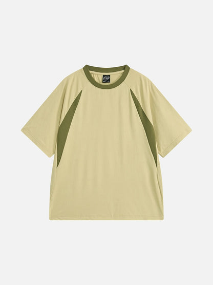 Front view of contrast raglan graphic T-shirt with short sleeves