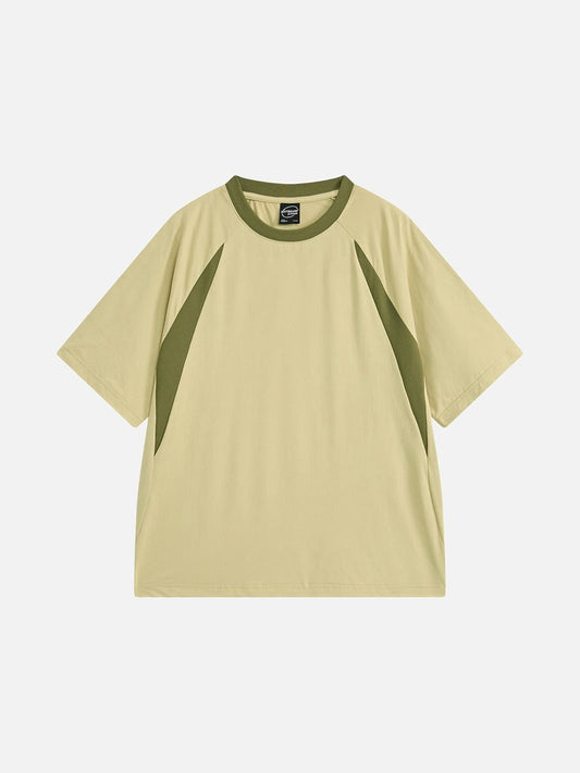 Front view of contrast raglan graphic T-shirt with short sleeves