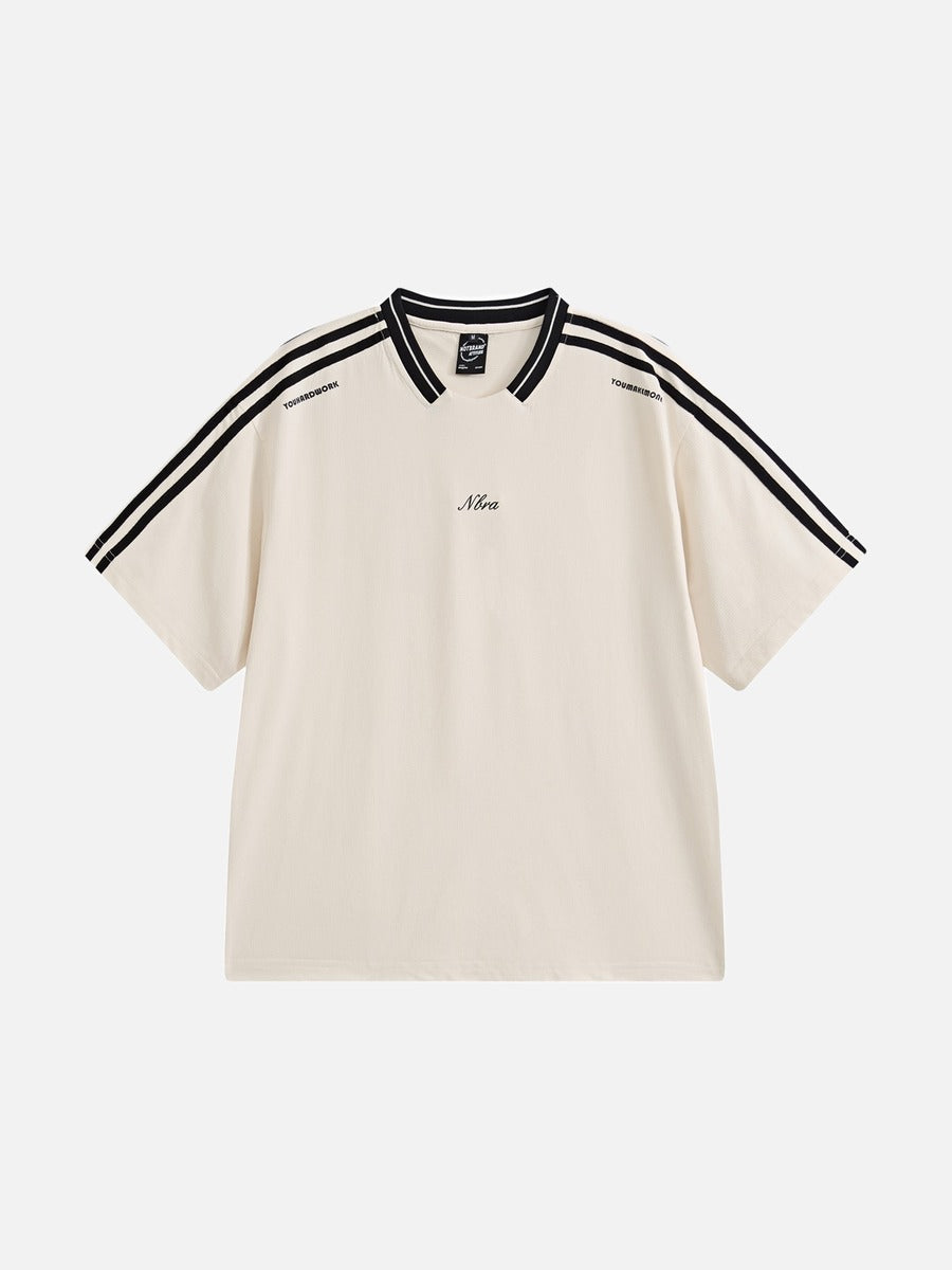 Front view of oversized waffle knit V-neck T-shirt