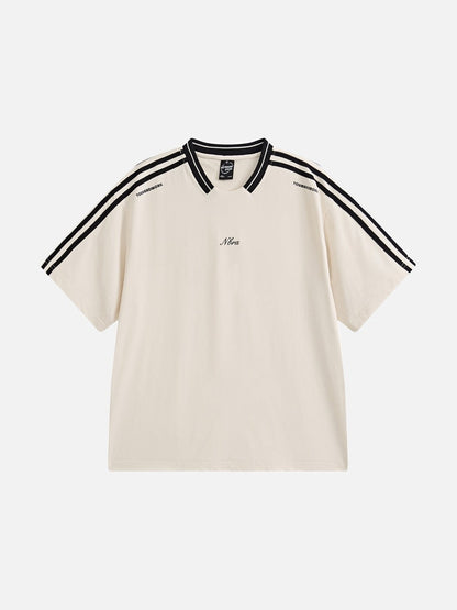 Front view of oversized waffle knit V-neck T-shirt
