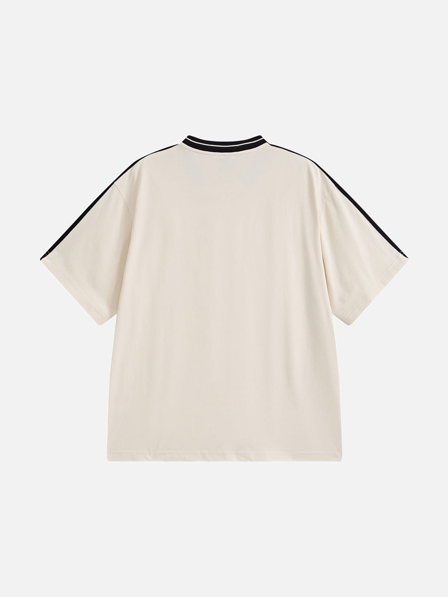 Back view of oversized waffle knit V-neck T-shirt