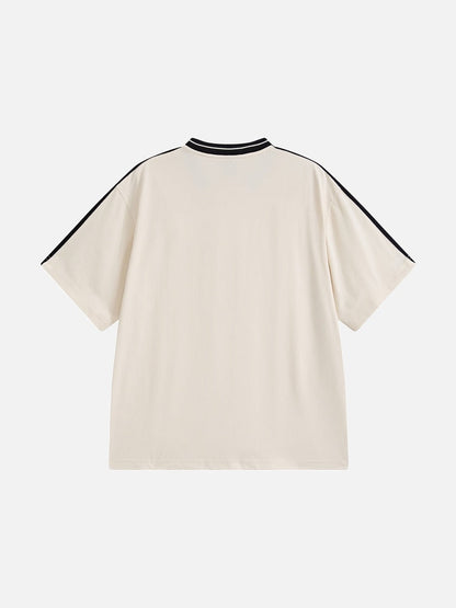 Back view of oversized waffle knit V-neck T-shirt