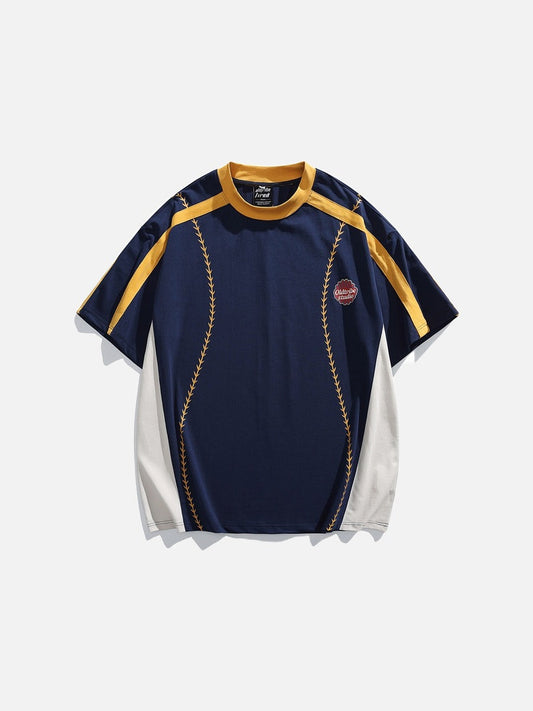 Front view of navy baseball graphic T-shirt with relaxed fit and raglan sleeves