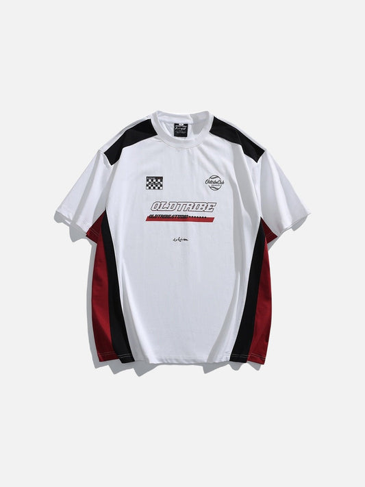 Front view of oversized colour block graphic T-shirt in cotton streetwear style