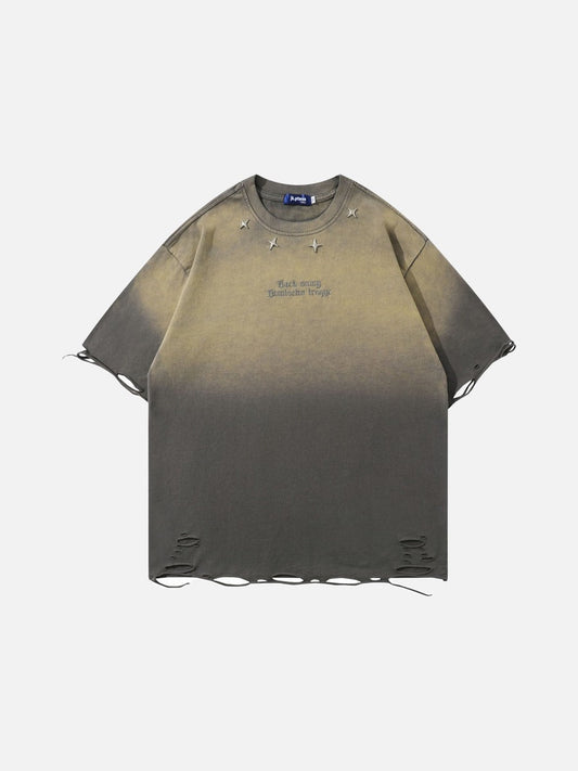 Front view of oversized ombre distressed T-shirt with short sleeves