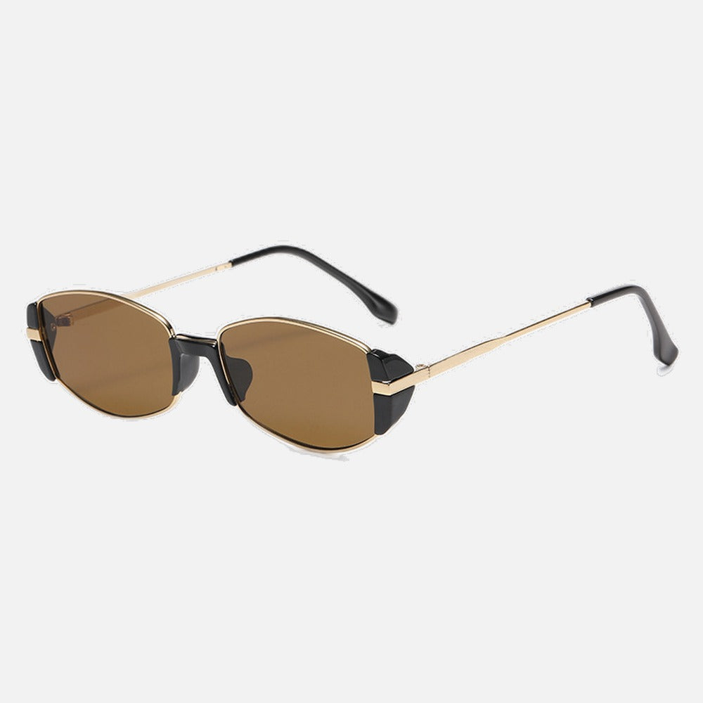 Front view of oval metal sunglasses with slim-fit accents
