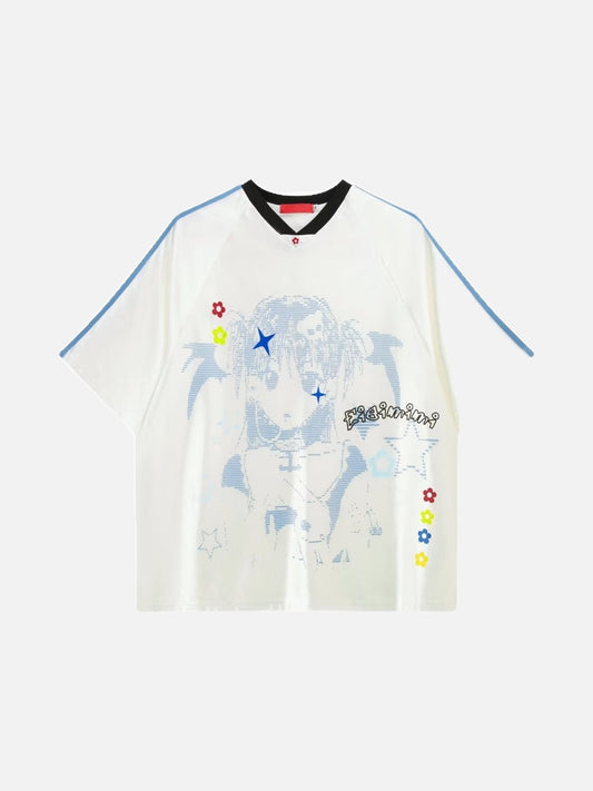 Men's oversized V-neck T-shirt with pixelated anime character graphic on the front