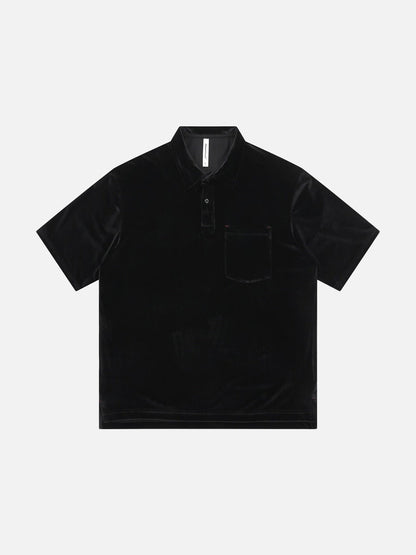 Back view of loose velvet polo shirt with a casual oversized fit