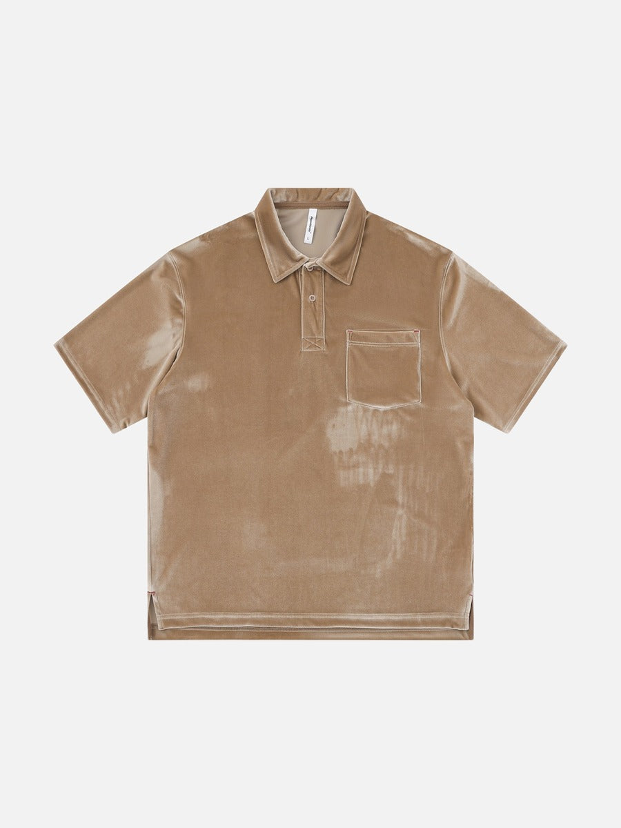 Front view of loose velvet polo shirt in a relaxed streetwear style