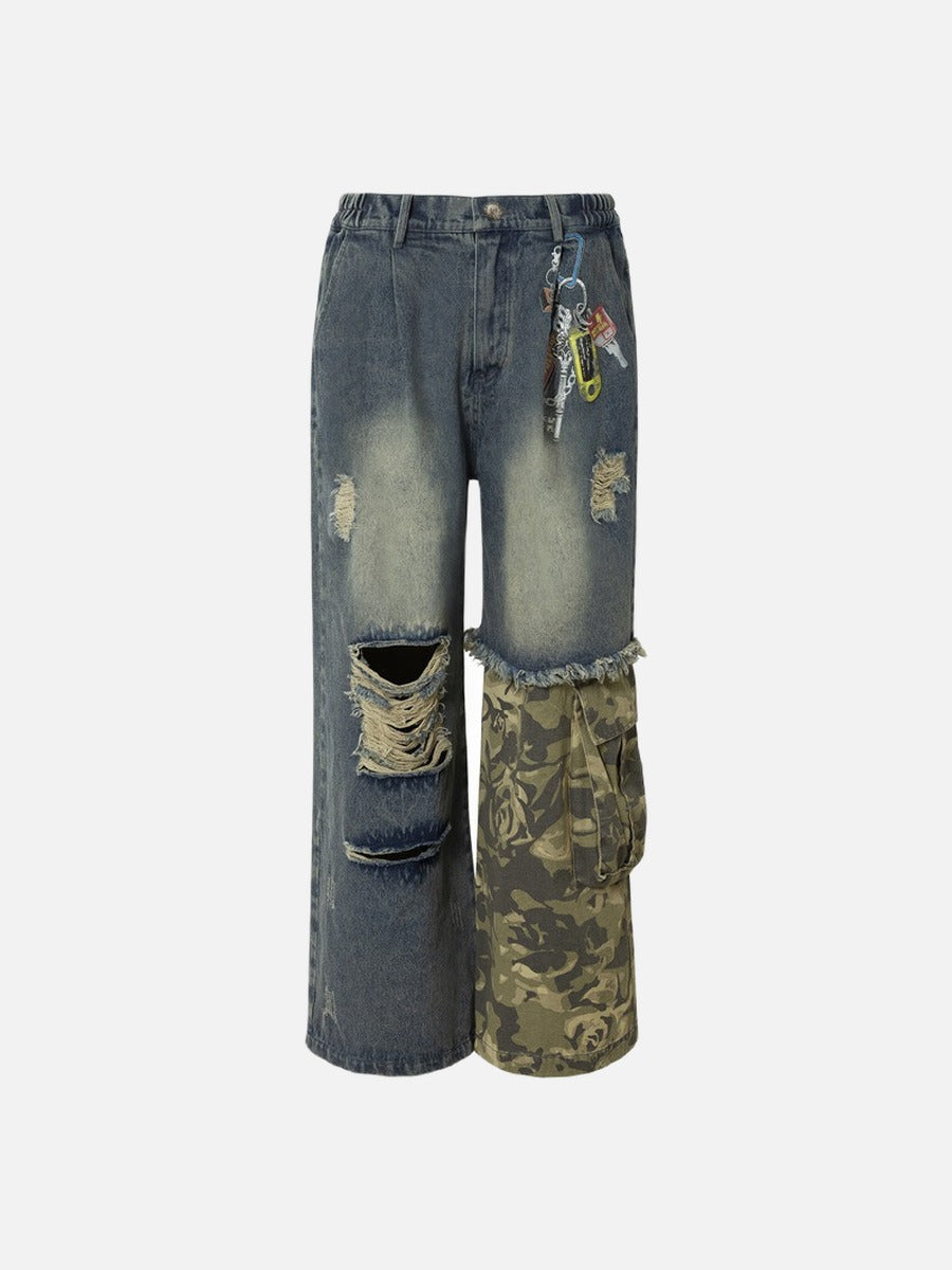 Wide-leg silhouette of distressed camouflage jeans