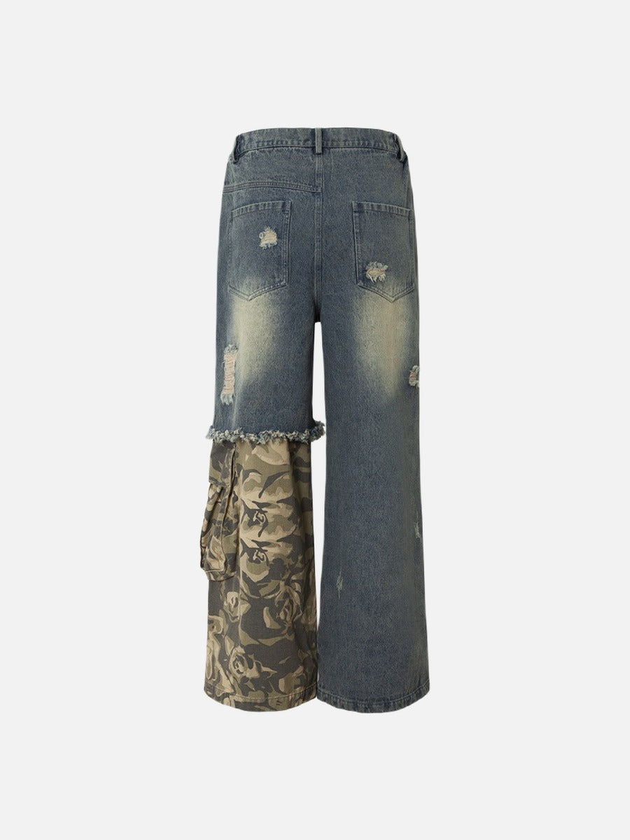 Close-up of the distressed finish on camouflage jeans