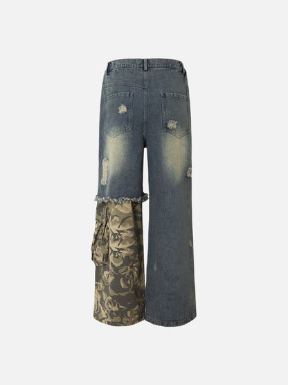 Close-up of the distressed finish on camouflage jeans