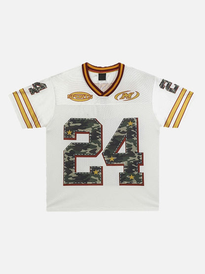 Front view of camo graphic jersey T-shirt in an oversized streetwear fit