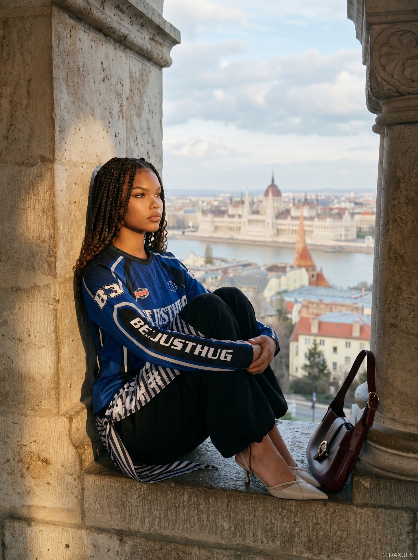 Close-up of the retro racing graphic printed on a pink long sleeve T-shirt