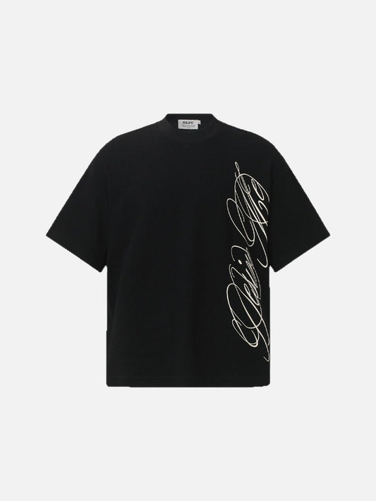Front view of oversized waffle knit T-shirt with graphic print