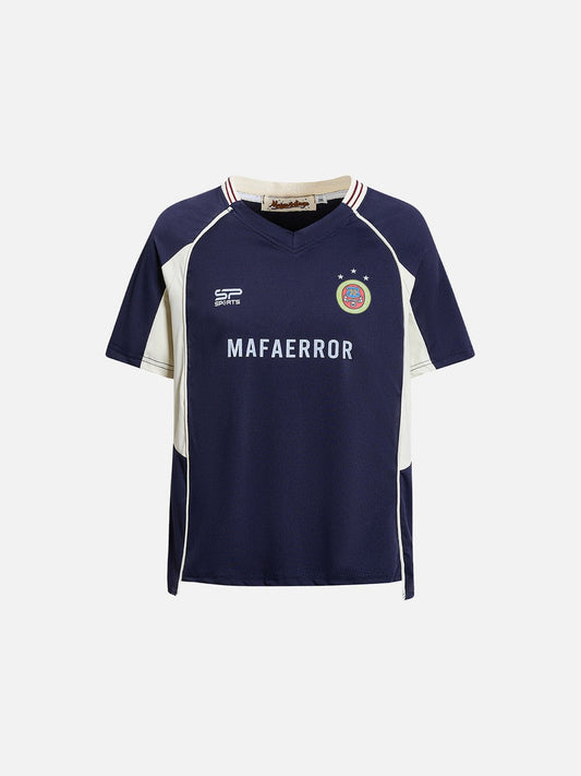 Front view of oversized sports jersey T-shirt with dual-panel design