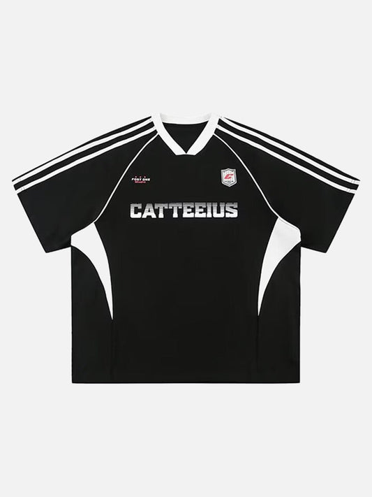 Front view of oversized graphic athletic T-shirt with raglan sleeves
