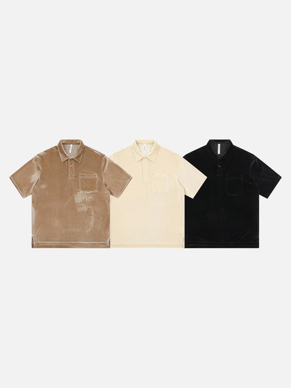 Close detail of the soft velvet finish on the streetwear polo shirt