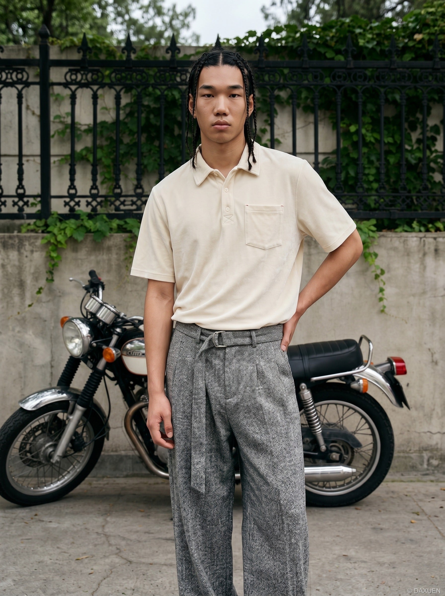 Model wearing loose velvet polo shirt styled for relaxed streetwear