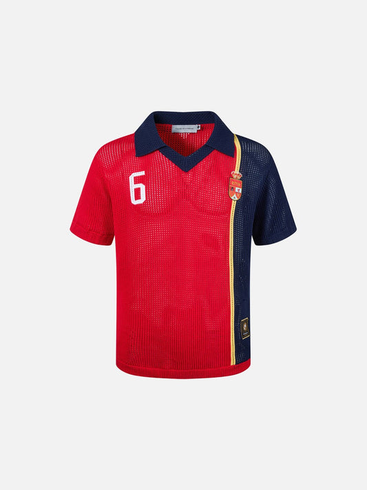 Front view of colour block polo shirt with number graphic