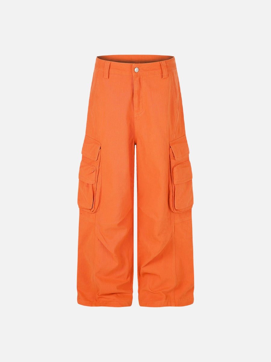 Vibrant orange wide-leg cargo trousers shown from the front