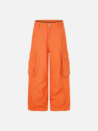 Vibrant orange wide-leg cargo trousers shown from the front