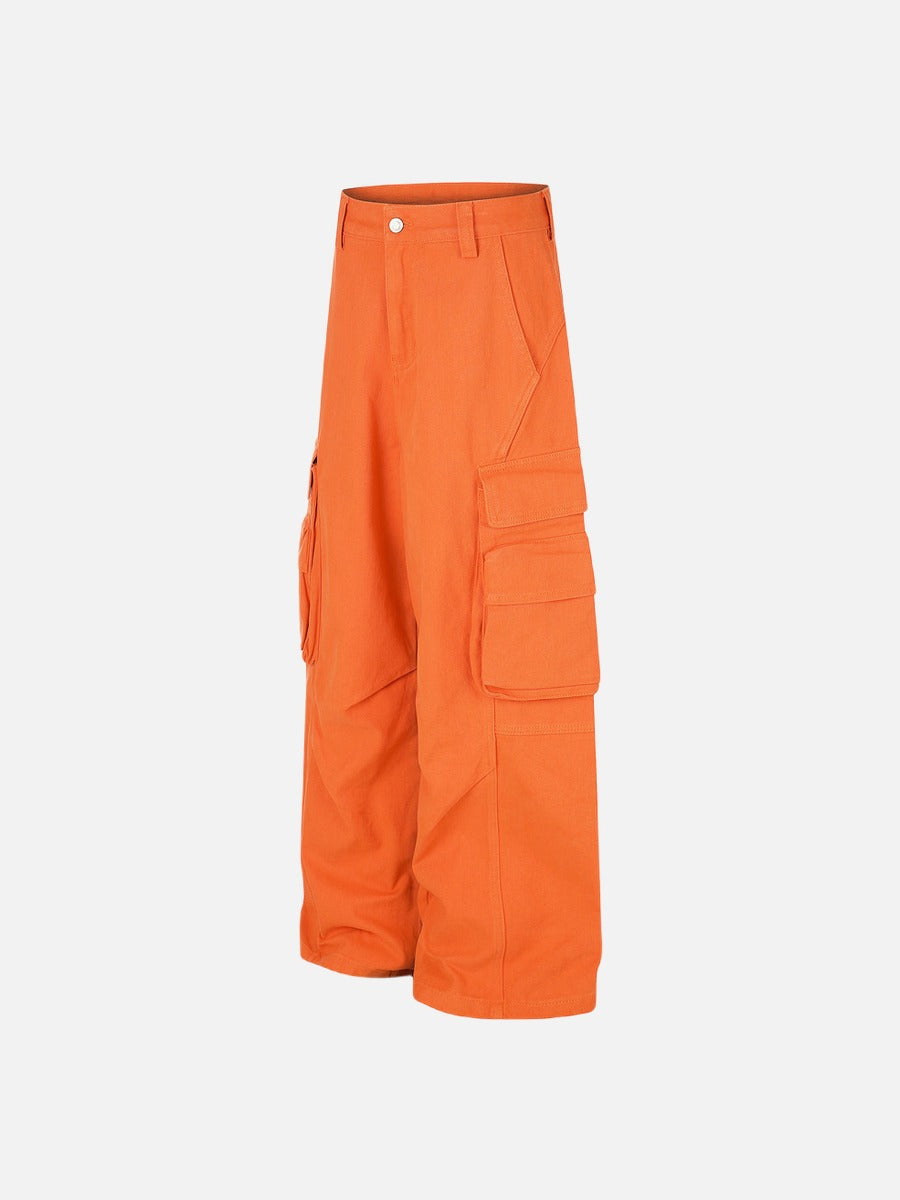 Full-length view of vibrant orange utility trousers