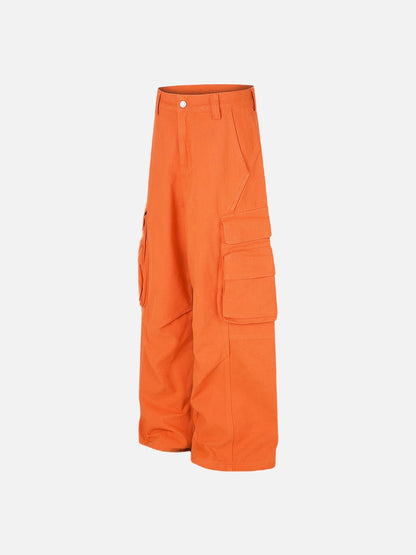 Full-length view of vibrant orange utility trousers