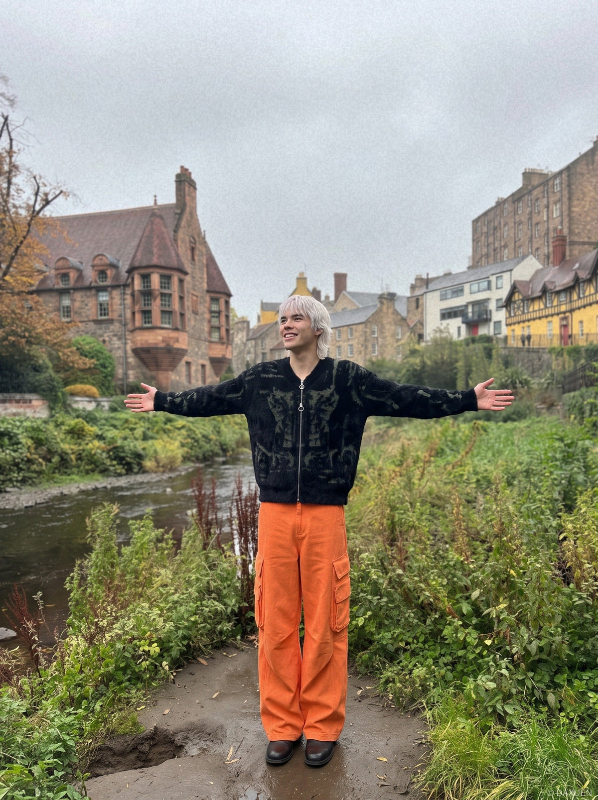 Back view of orange wide-leg cargo trousers