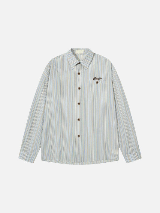 Front view of a striped button-up shirt in a relaxed fit cotton blend