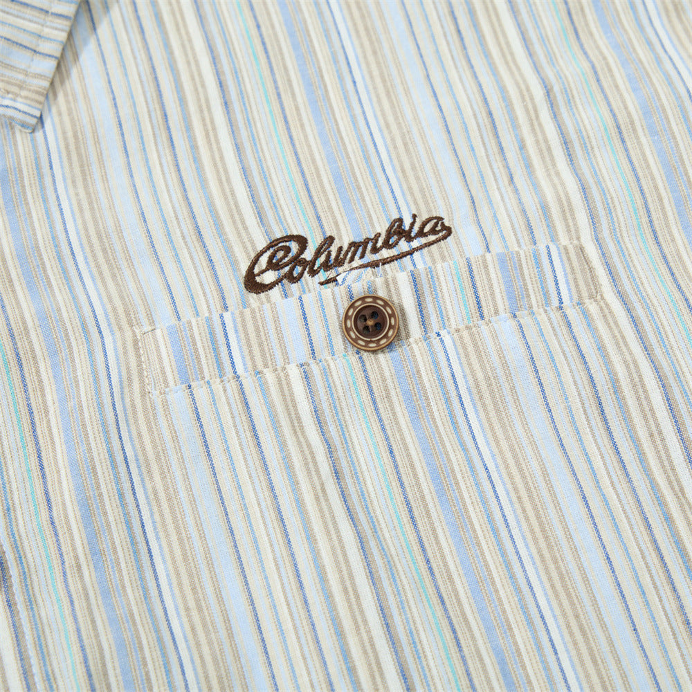 Back shoulder detail of the striped button-up shirt