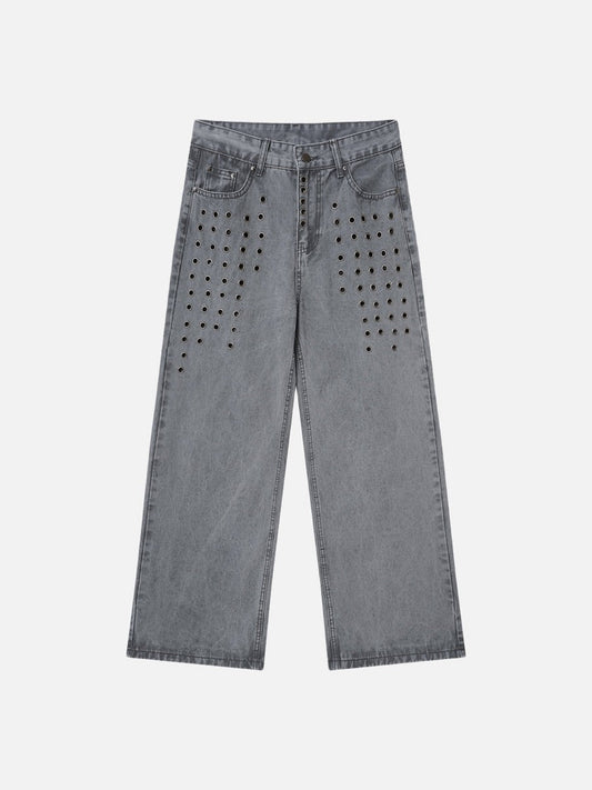 Front view of grey wide-leg jeans with metal grommet detail