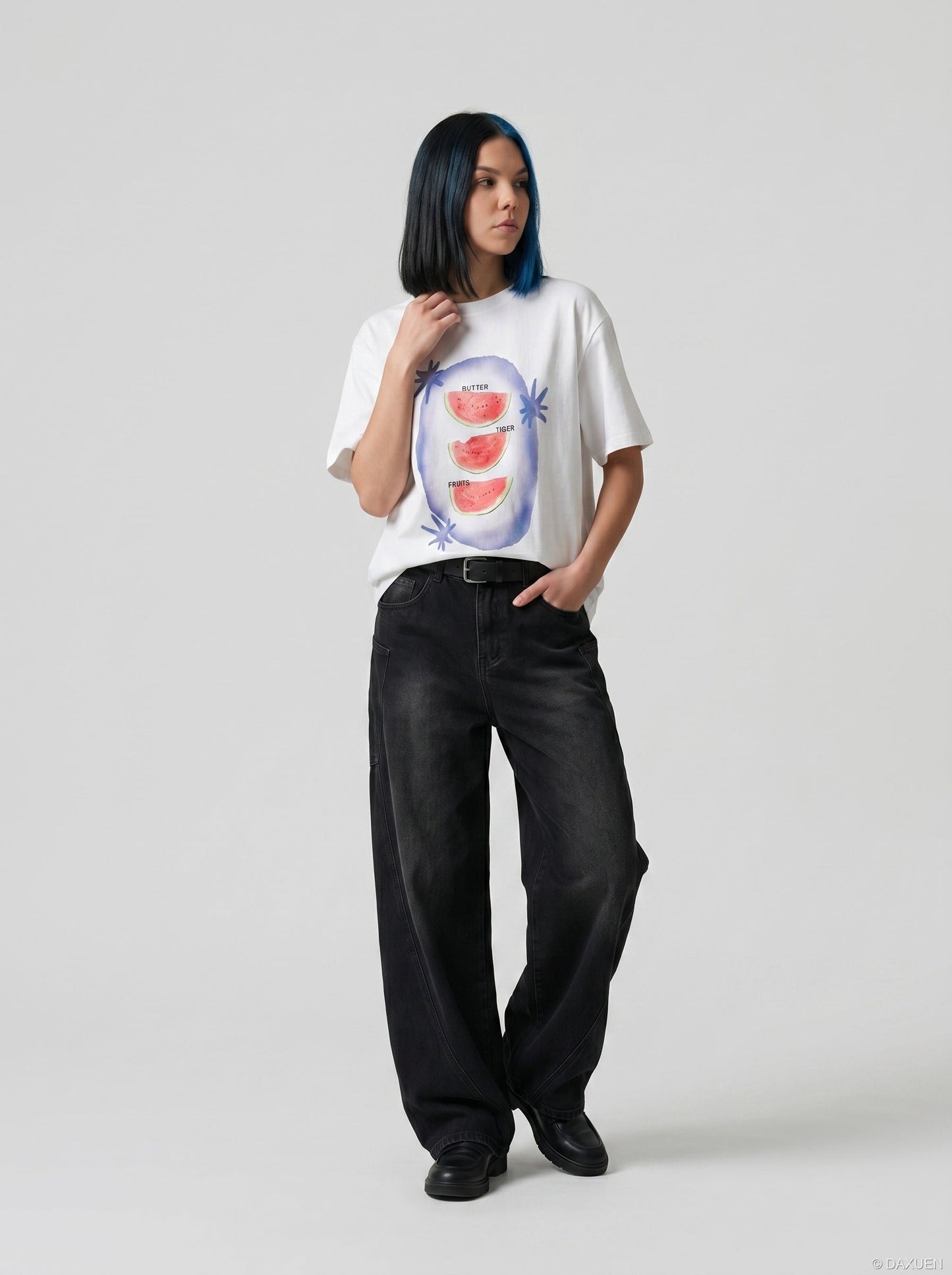 Side view of watermelon graphic crew neck T-shirt