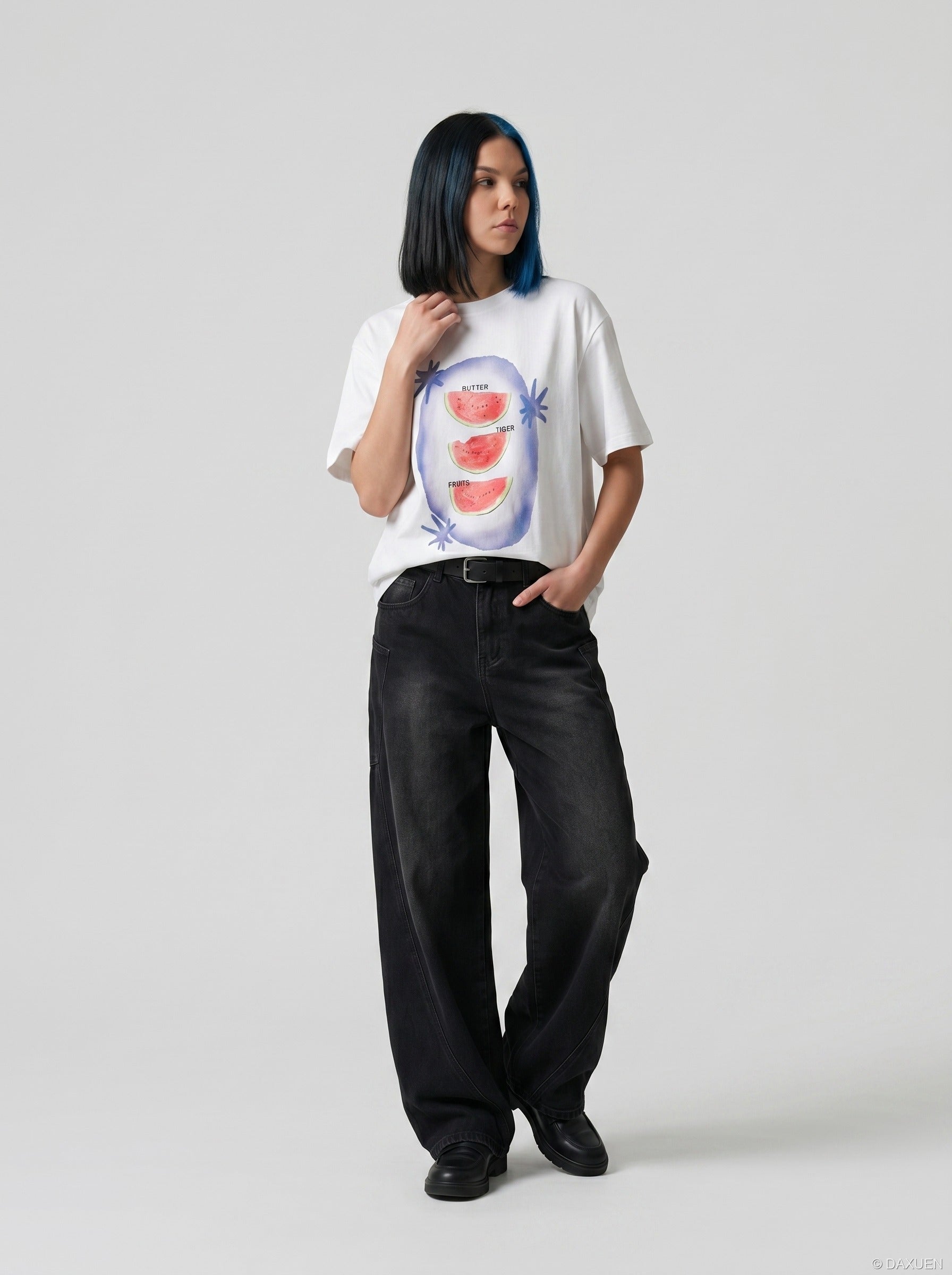 Side view of watermelon graphic crew neck T-shirt