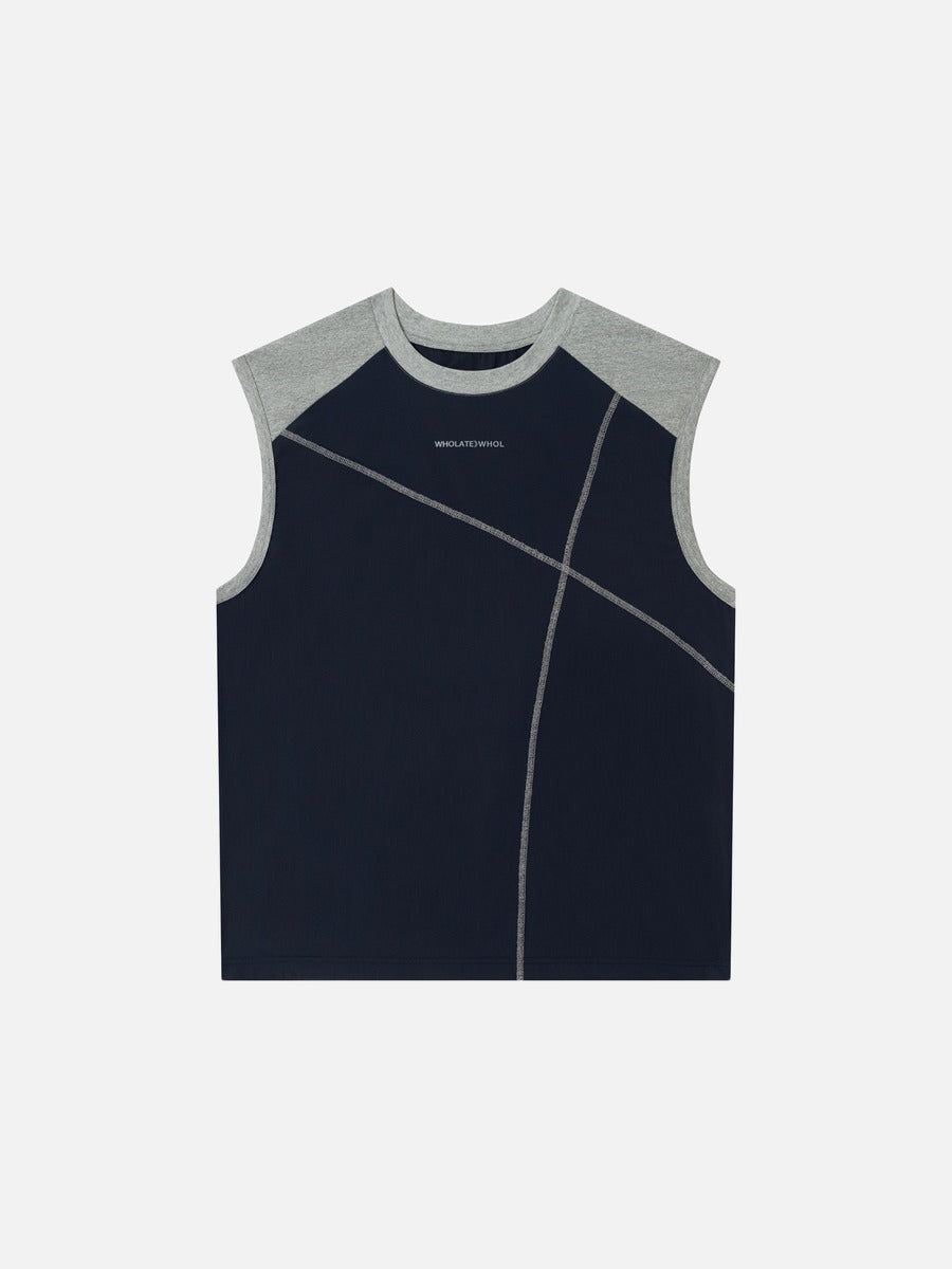 Back view of graphic sleeveless raglan top with clean sleeveless cut