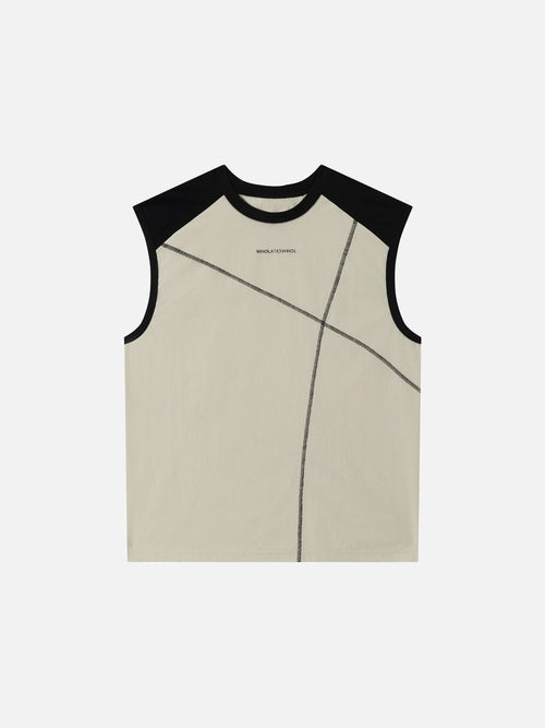 Front view of graphic sleeveless raglan top in a casual streetwear style
